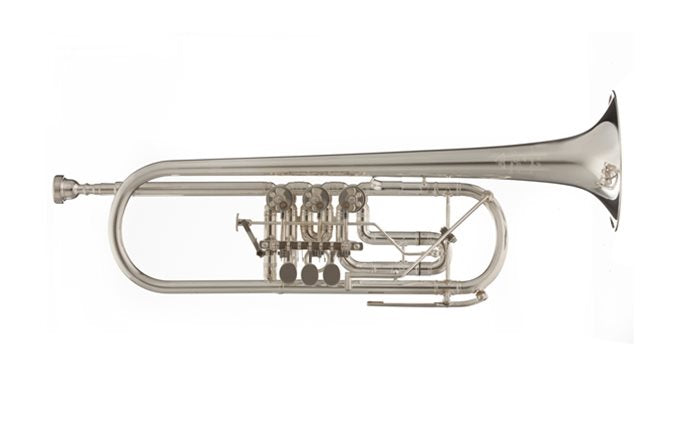Scherzer Rotary Bb Trumpet - 3 rotary valves, 0.441 bore, 3B linkages, 5.11" bell, 2 interchangeable leadpipes. 1st & 3rd slide triggers. Fitted with Special Universal Vienna Keys.. Supplied in wooden case.
