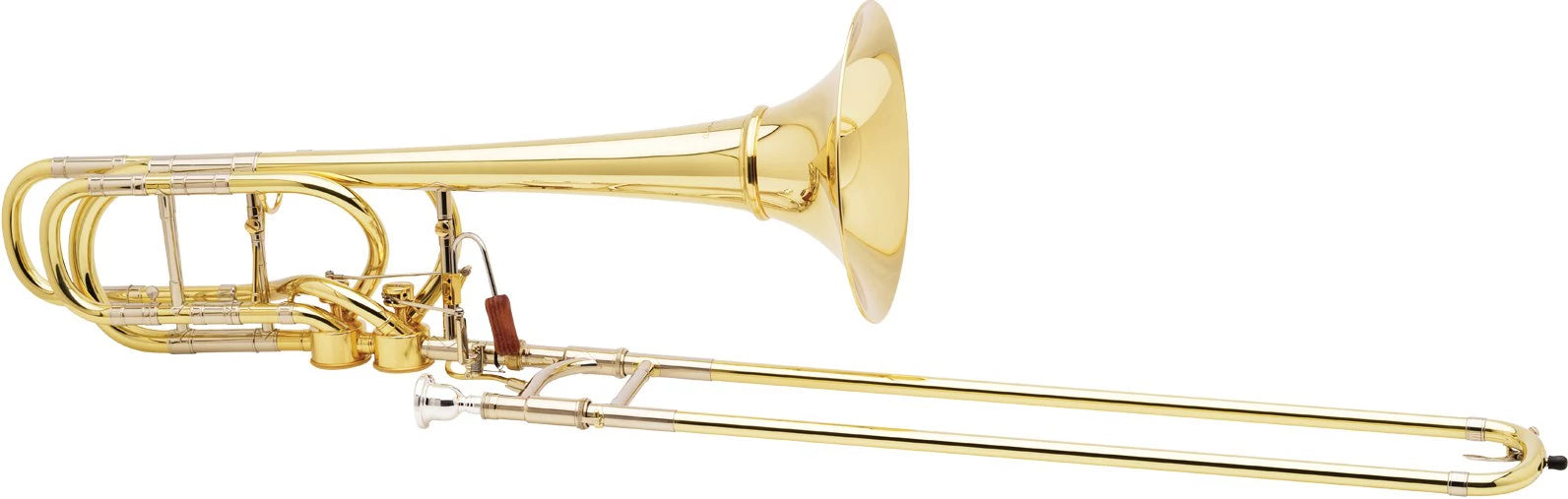 Courtois 'Creation NEW YORK' Bass trombone, Bb/F/Gb or G/D or Eb.  With removable second tuningslide to tune G or Gb.  Brass outer slide with nickel silver sleeves.  Dual bore (0.562""/0.578"").  Yellow brass Fixed 9,49"" bell, Outfit..